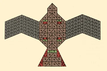 Geometrie der Sulbasutras: Plan des Feueraltars in Form eines Falken. Mathematisches Schema, das sich auf die Bauvorschriften für Opferaltäre aus der vedischen Zeit Indiens (1500-500 v. Chr.) bezieht. Journal of the Asiatic Society of Bengal