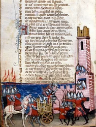 Gestensang: Kampfszene in der Nähe einer befestigten Stadt. Die Truppen Karls des Großen (742-814) kämpften gegen die Mauren Spaniens. Miniatur aus dem französisch-italienischen Manuskript „Entrée d