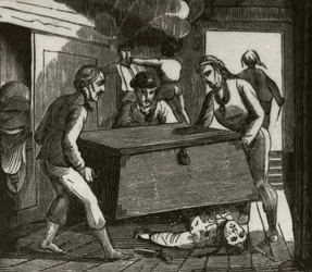 Gordon und seine Gefährten drücken den französischen Kapitän mit einer großen Truhe zu Tode, ca. 1836