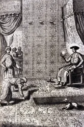 Großmogul (wahrscheinlich Aurangzeb (1618-1707), auch bekannt als Alamgir): der Thronsaal. „De China Monumenta“ von Athanasius Kircher (1601 - 1680), Jesuit, Orientalist und deutscher Gelehrter, Amsterdam 1667.
