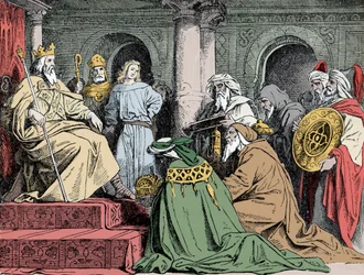 Geschenke von Harun al-Raschid - Botschafter des abbasidischen Kalifen Harun al-Raschid (763-809) bieten Karl dem Großen (742-814) um 802 ihre Geschenke an