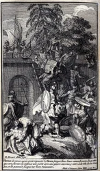 Hektor, zurück nach dem Zurückdrängen der Griechen, greift sie mit Wut an (Illustration aus Buch XII der Ilias von Homer)