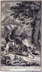 Hektor, zurück im Lager, tritt in einen Einzelkampf mit Ajax, nachdem er die tapfersten Griechen herausgefordert hat. Sie werden von zwei Herolden unterbrochen, die sie trennen. Illustration für Buch VII der Ilias von Homer, französische Ausgabe