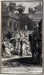 Hektor, der nach Troja kam, während die Griechen und Trojaner in ihren Händen waren, wurde von der Trauer Andromaches und dem Weinen seines Sohnes, den er zärtlich küsste, bevor er in die Schlacht zurückkehrte, betrübt. Illustration aus Buch VI der Ilias v