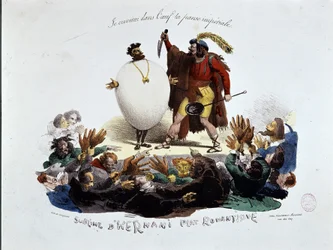 Hernanis erhabenes, romantisches Gericht - Karikatur zu Victor Hugos Stück „Hernani“ („Die Schlacht von Hernani“), anonyme Lithographie
