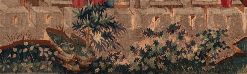 Geschichte von St. Piat und St. Eleuthère, Szene 5 Detail links unten. Stadtmauern und Büsche