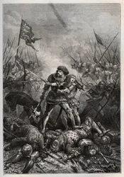 Hundertjähriger Krieg: König von Frankreich Johann II. der Gute und sein Sohn Philipp II. von Burgund (1342-1404), bekannt als „Philippe le Hardi“, kämpfen gegen die Engländer in der Schlacht von Poitiers am 19.09.1356) (König von Frankreich Johann II. von