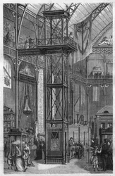 Von Megy Echeverria und Bazan erfundener hydraulischer Aufzug, ausgestellt auf der Internationalen Ausstellung für Fluss- und Seefahrtsindustrien im Palais de l