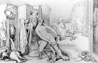 Illustration von Casanova und einer nackten Frau - in „Geschichte meines Lebens“ von Casanova. Brüssel 1872.