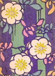 Illustration von Blumenblüten auf einem Lavendel- und grünen Hintergrund