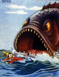 Illustration zu Carlo Collodis Erzählung Pinocchio. Ein riesiger Fisch ist im Begriff, Pinocchio zu fressen.