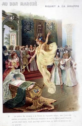 Illustration des Märchens „Riquet mit dem Schopf“ von Charles Perrault (1697): Die Fee verkündet der Königin, dass die Prinzessin, die gerade geboren wurde, so dumm wie schön sein wird. Plakat „Au bon marché“ aus dem 19. Jahrhundert