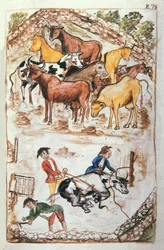 Indische Kuhhüter, aus dem Buch "Trujillo del Peru" oder "Códice Martínez Compañón", von Baltazar Martinez Compañón y Bujanda, Bischof von Trujillo (1782-1785)