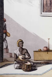 Indische Kultur und Zivilisation: Musiker spielt Tablas, traditionelles Musikinstrument, Indien. Gravur von 1808.