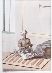 Indische Kultur, Zivilisation und Gesellschaft: Musiker mit traditioneller indischer Perkussion. Gravur von 1808.