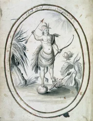 Indianer von Kanada mit seinem Bogen und Pfeilen - Frontispiz des Manuskripts „Dialogue or Interview of a French with a Savage“