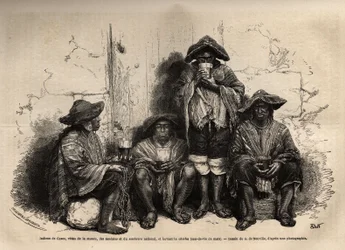Inder aus Cuzco (Peru), gekleidet in Manta, Sandalen und traditionellem Sombrero, beschäftigt als Arbeiter für die Ausbeutung von Guano-Ablagerungen auf den Chincha-Inseln, trinken Shisha, aber fermentierten Brandy. Gravur zur Illustration Les iles Chincha