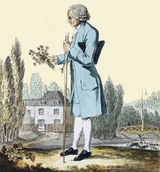 Jean-Jacques Rousseau (1712-78) sammelt Kräuter in Ermenonville, Juni 1778 - Darstellung des Philosophen Jean-Jacques Rousseau (1712-1778), der in Ermenonville Blumen pflückt.