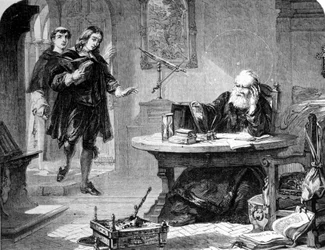 John Milton, englischer Dichter und Essayist (1608 - 1674) besuchte Galileo Galilei (1564 - 1642) in seiner Zelle der Inquisition von Florenz. Gravur. Um 1860