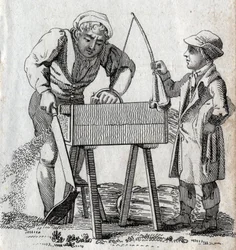 Tischler und Lehrling. Gravur Ende des 18. Jahrhunderts. Private Sammlung