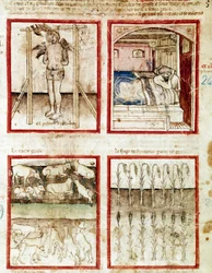 Joseph deutet die Träume des Korbmachers, der enthauptet wird. Oben rechts träumt der Pharao von den sieben fetten Kühen, Vorahnung der Jahre des Überflusses, und den sieben mageren Kühen der Jahre des Hungers. Miniatur aus Codex 212