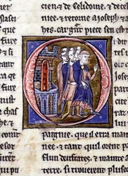 Joseph von Arimathia und seine Gefolgschaft. Manuskript: Eroberung des Heiligen Grals, geschrieben 717 Jahre nach der Passion unseres Herrn. Bibliothèque municipale de Rennes, ms. 255 (Sammlung von Romanen der Tafelrunde); Paris
