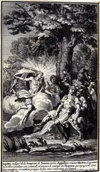 Jupiter, empört über Junos Täuschung, sendet Apollo, um Hektor zu heilen (Illustration aus Buch XV der Ilias von Homer)