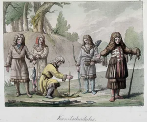 Kamtschadales Volk in Sibirien. In „Das alte und moderne Kostüm“ 1819-1820, von Ferrario
