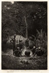 Kanaken kochen im Wald, im Gebiet von Pamale. Gravur zur Illustration der Reise nach Neukaledonien, von Jules Garnier, Bergbauingenieur, 1863-1866, veröffentlicht in „Le tour du monde, nouveau journal des voyages“, herausgegeben von Edouard Charton