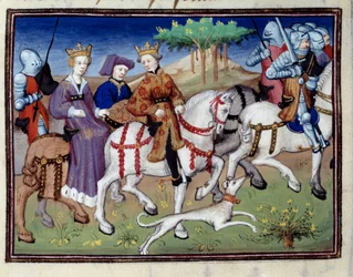 König Philipp VI. von Valois und die Weiße Königin von Navarra (?) Auf der Jagd Miniatur aus „Das Buch der Jagd“ von Gaston III Phoebus, Graf von Foix, Herr von Béarn (1331-1391)
