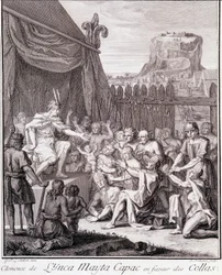 Der Inka Mayta Capac zugunsten der Collas - in „Historische Reise durch Südamerika im Auftrag des Königs von Spanien“ von Don Georges Juan & Don Antoine de Ulloa, T.II, ed. Jombert, Librairie du Roi, Paris