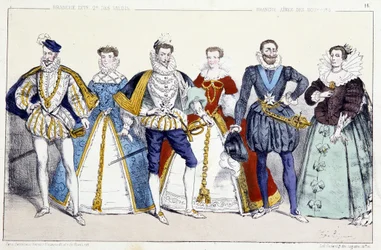 Die Valois und die Bourbonen: Karl IX. (1550-1574) und Elisabeth von Österreich (1554-1592), Heinrich III. (1551-1589) und Louise de Lorraine Vaudemont (1553-1601), Heinrich IV. (1553-1610) und Maria de Medici (1575-1642) - Tafel aus „Könige und Königinnen