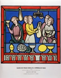 Die Geldwechsler von Le Mans - Bemaltes Glasfenster aus der Kathedrale von Le Mans