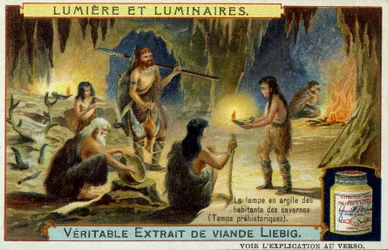 Licht und Leuchten: die Tonlampe der Höhlenbewohner in prähistorischen Zeiten. Illustration auf Liebig-Verpackungen.