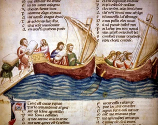 Verladung von Fracht an Bord, spätes 13. Jahrhundert - Miniatur aus dem „Roman de Troie“ von Benoît de Sainte-Maure, 14. Jahrhundert - Biblioteca Marciana, Venedig