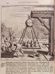 Beladung aufgehängter Magdeburger Halbkugeln - in „Ottonis de Guericke: Experimenta Nova Magdeburgica de vacuo spatio“ von Otto von Guericke