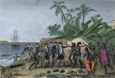 Louis Antoine (Louis-Antoine) von Bougainville, französischer Navigator (1729-1811), wendet sich den Inseln der Marquesas in Tahiti zu, 6. April