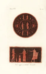 Lysander und Agesilaus II. von Sparta (oben) und Herkules im Löwenfell mit Keule bei einem Opfer mit Deiphobus, König von Amiclea in Lakonien, und seiner Frau (unten)
