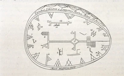 Magische Trommel der Schamanen in Lappland, Illustration eines Buches über Linnés Reise.