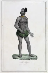 Mann von den Byron-Inseln mit Tätowierungen (Polynesien) - in "Die verschiedenen Völker der Erde" von Abbe Paul Jonhanneaud, Librairie des Bons livres