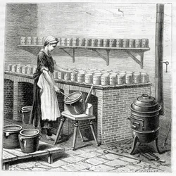 Herstellung von Camembert-Käse (Quark wird in Formen gegossen) - in „Die Wunder der Industrie“ von Louis Figuier
