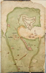 Karte von Smerwick, Irland, zeigt das englische Erdwerk mit zwei Kanonen zur Angriffe auf das spanische Fort und englische Soldaten, die aus Castell More marschieren