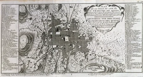 Karte der Stadt und Stadt St. François de Quito - in „Historische Reise durch Südamerika im Auftrag des Königs von Spanien von Don George Juan und Don Antoine de Ulloa“, T.1, bei C.A. Jombert, Librairie du Roi, Paris
