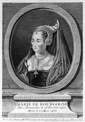 Marie von Burgund (1457 - 1482), Tochter von Karl dem Kühnen und Ehefrau von Maximilian von Österreich. Gravur aus dem 19. Jahrhundert.