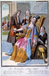 Medizin: „alles aus Vorsicht“ Karikatur darstellend drei Ärzte, die eine junge Frau umgeben, die in Ohnmacht gefallen ist, und alle Arten von Behandlungen und Heilmitteln anbieten (Blutungen, Stiche, Einläufe, Tränke). Im Hintergrund verstecken Ärzte Schil