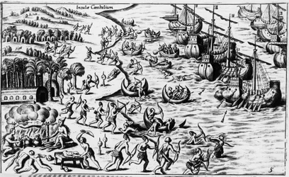 Begegnung zwischen den Leuten von Christoph Kolumbus und den Kannibalen - in „Nova Tipus Transacto Navigatio Novi Orbi“ von Philoponus Honorius