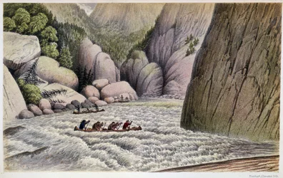 Männer im Kanu, die Stromschnellen hinunterfahren: „An escape at the fourth rapid“ - in „Exploration of the Labrador Peninsula“ von Hind, London