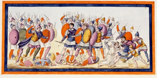 Menelaos (rechts), ein griechischer Krieger, wurde gerade von einem Pfeil eines Verbündeten der Trojaner verwundet. Die Ilias, Gesang IV. Gravur aus dem späten 18. Jahrhundert