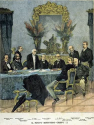 Minister der neuen „Crispi“-Regierung: von links nach rechts Admiral Morin, General Mocenni, Francesco Crispi, Senator Calenda, P. Boselli, Sidney Sonnino, Maggiorino Ferraris, G. Faccelli und Senator A. Blanc