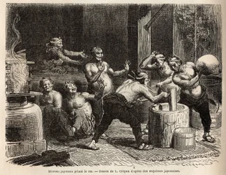 Mitrons, die Reis stampfen, bevor er gebraut wird, um Reisbier herzustellen. Gravur zur Illustration der Reise nach Japan, von Aime Humbert, Minister der Schweizerischen Eidgenossenschaft, 1863-1864, veröffentlicht in „Le tour du monde“ 1869, herausgegeben